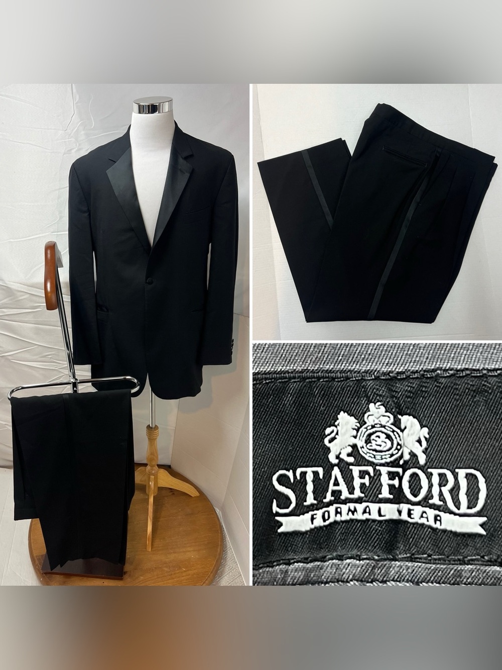 Stafford Vintage Men's 44L Blazer 37x31 Pants Black Wool Tuxedo Suit Satin Lapel